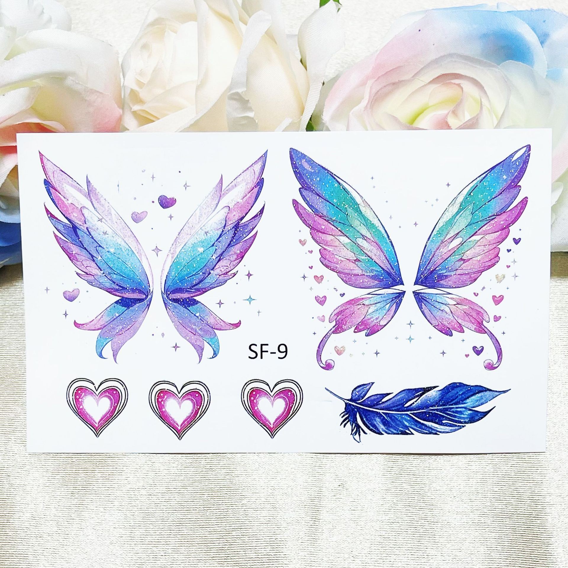 Pastel Fairy Wings, Hearts And Feather Temporary Tattoo Sheet 1 SF-9 pastel fairy wings, pink hearts and blue feather transfer sheet