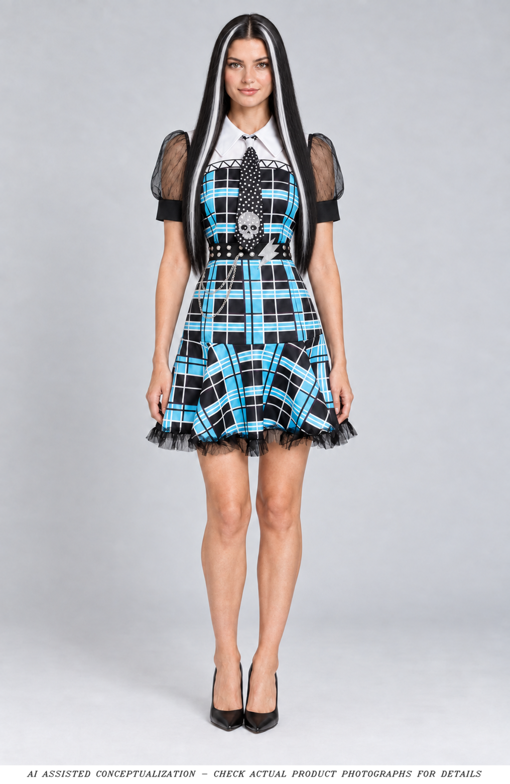 Illustrative Frankie curved-panel plaid dress with optional black-and-white streak wig styling; compare actual garment and separate wig photos