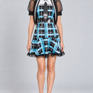 Illustrative Frankie curved-panel plaid dress with optional black-and-white streak wig styling; compare actual garment and separate wig photos