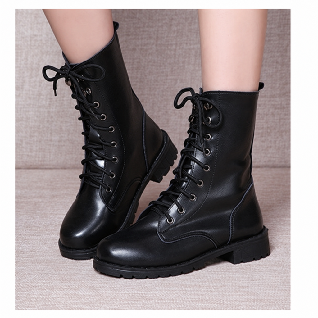 Black lace-up flat ankle boots with rounded toe and low heel