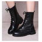 Black lace-up flat ankle boots with rounded toe and low heel