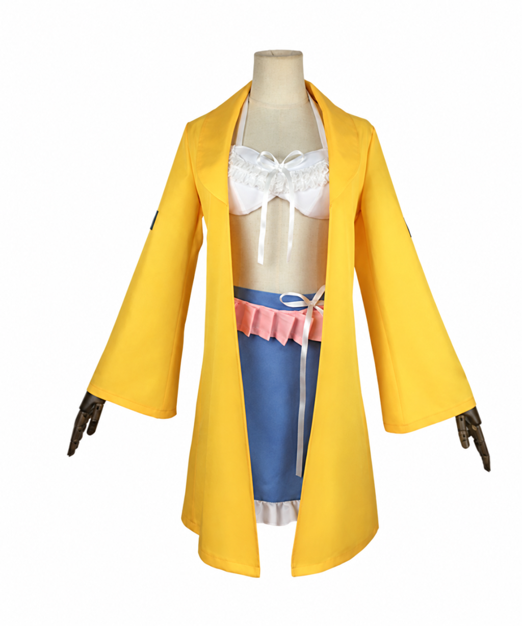 Angie Yonaga costume yellow jacket, white top, blue skirt and pink sash