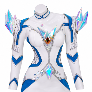 Emma Frost white and blue costume with iridescent shoulder and bodice details