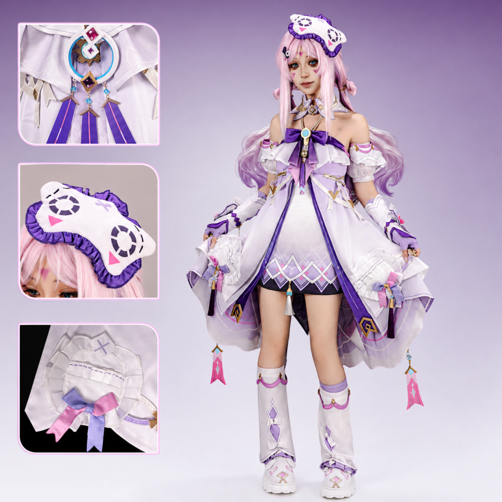 Citlali-inspired lavender costume modeled from the front with cat-eye hairpiece