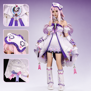 Citlali-inspired lavender costume modeled from the front with cat-eye hairpiece