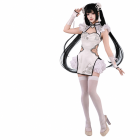 Yin Ziping white and silver embroidered costume front view, with black piping and layered ruffles
