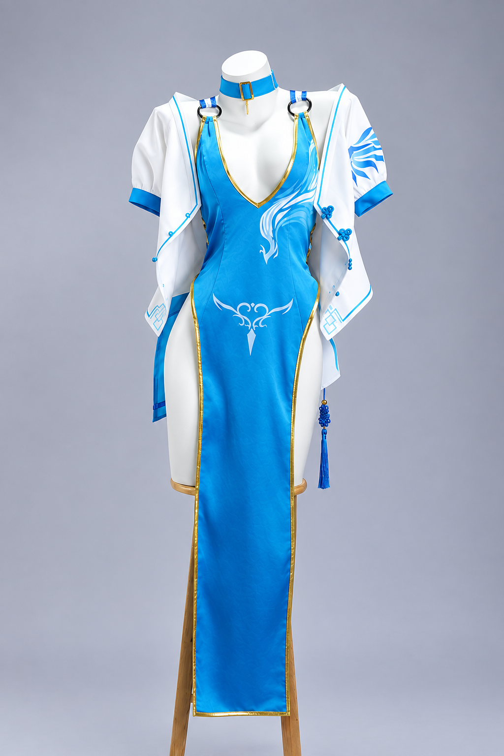 PA-15 blue qipao costume and white jacket, close-framed front view
