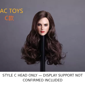 GACTOYS GC005 Style C 1:6 head sculpt, long dark brown wavy hair, front view; display rod shown for photography