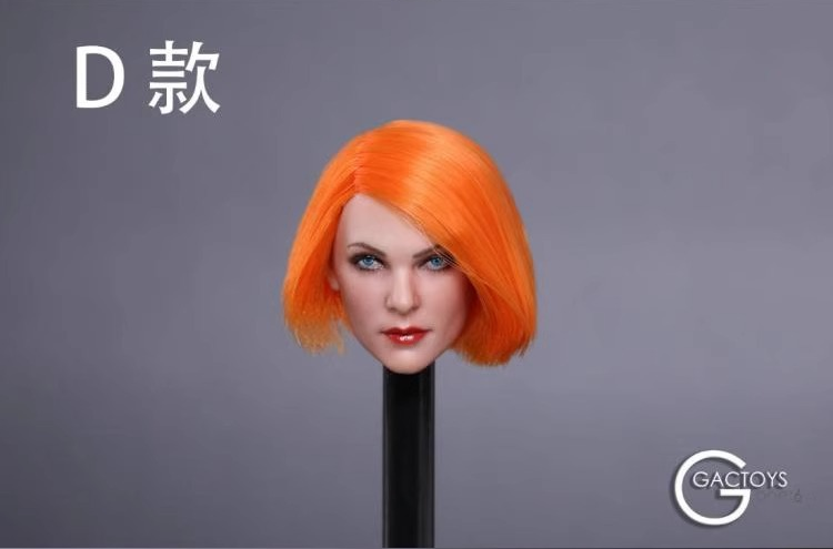 Gactoys Gc019 1:6 Female-Form Figure Head Sculpt — Four Hair Looks 12 GACTOYS GC019 style D head with vivid orange asymmetrical short bob, photographed on display support