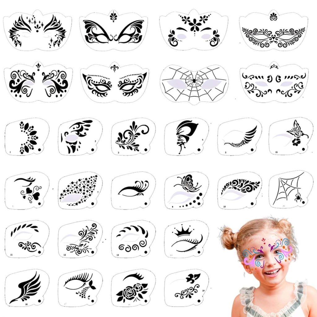 28 reusable face-paint stencil designs with masks, flowers, stars and butterflies