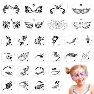 28 reusable face-paint stencil designs with masks, flowers, stars and butterflies