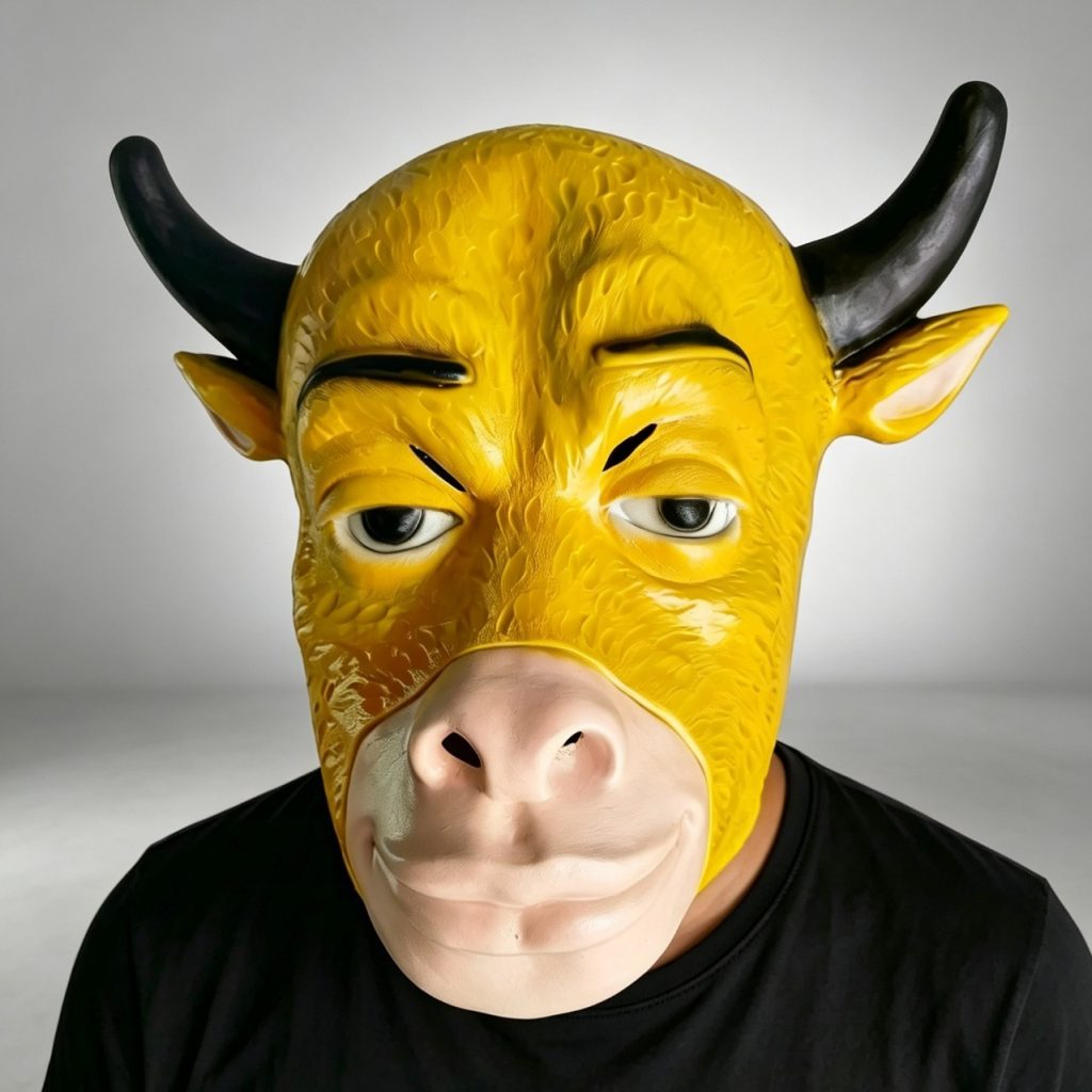 Front view of a yellow bull mask with black horns and a pale muzzle being worn