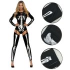 Black skeleton bodysuit and thigh-high leg pieces with silver bone print, worn front view and stitched seam closeups