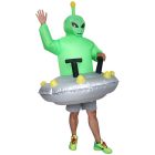 Green alien inflatable costume with silver UFO saucer, front view