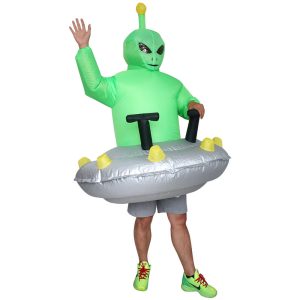Green alien inflatable costume with silver UFO saucer, front view