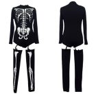 Product-only front and back views of black front-zip skeleton bodysuit with white bone print and matching thigh-high leg pieces