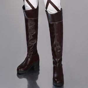 Dark brown tall Scout costume boots shown as a pair