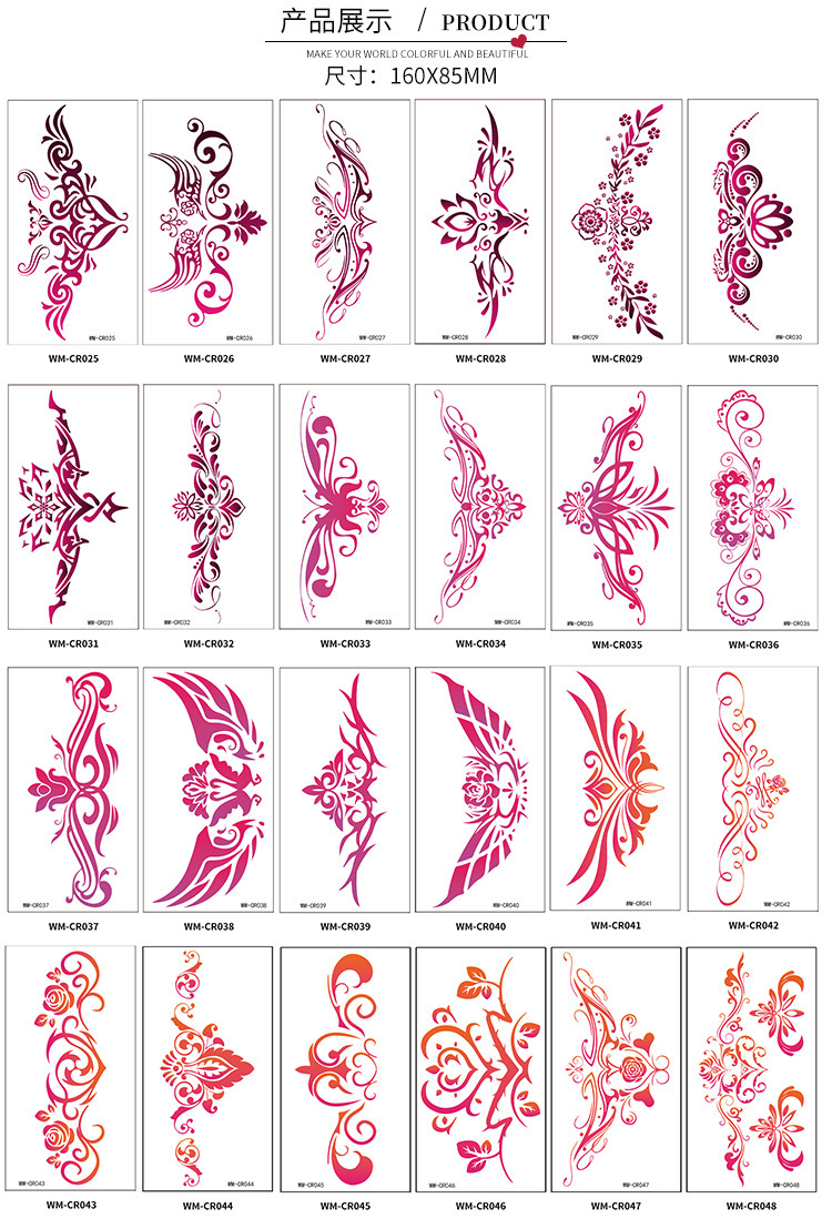 Waist And Body Art Temporary Tattoo Sheets – 72 Motifs 10 WM-CR025 to WM-CR048 numbered pink and coral tattoo designs