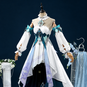 Wo Ya Ni Sha Genshin Impact white teal costume front on mannequin