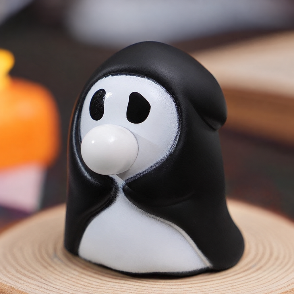 Black-hooded ghost Halloween squeeze toy with white face