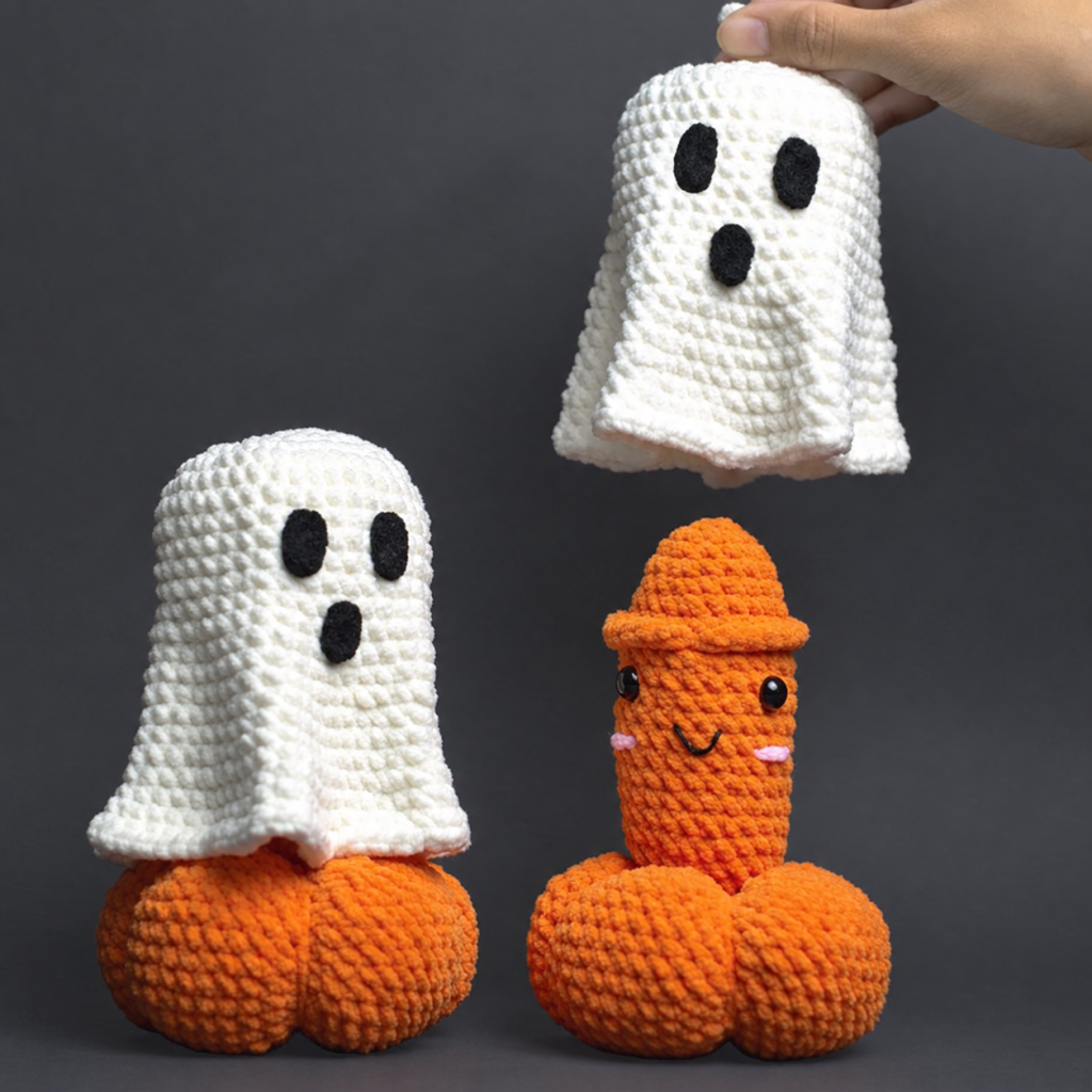 Ghost cover lifted from orange crocheted Halloween figure, with a covered view alongside