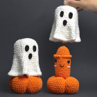 Ghost cover lifted from orange crocheted Halloween figure, with a covered view alongside
