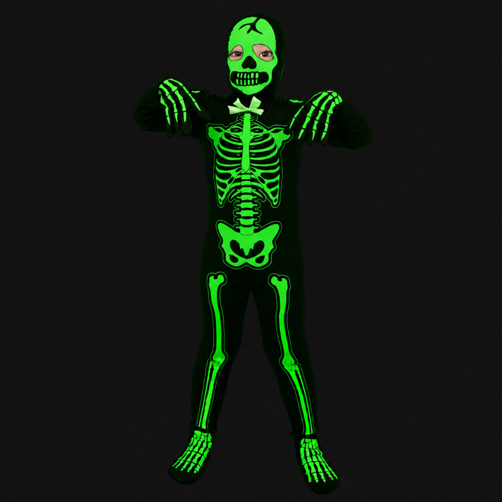 Skeleton costume bone design depicted with green glow in a dark scene
