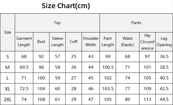Source garment measurement chart in centimeters for sizes S through 2XL
