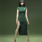 JO24X-02D green miniature cheongsam dress on display figure; figure not included