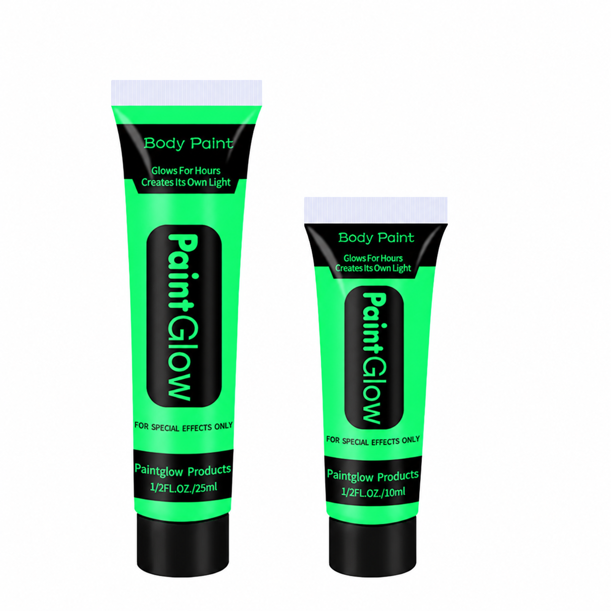 Green body paint tube illustration showing 25ml and 10ml volume options, not an included pair