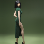 Side view of green JO24X-02D figure dress and slit; figure not included