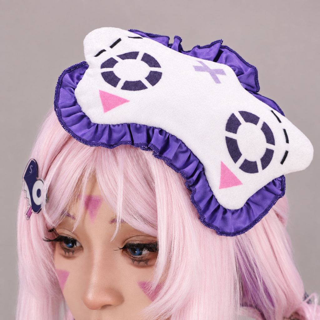Cat-eye hairpiece worn with pink and purple wig