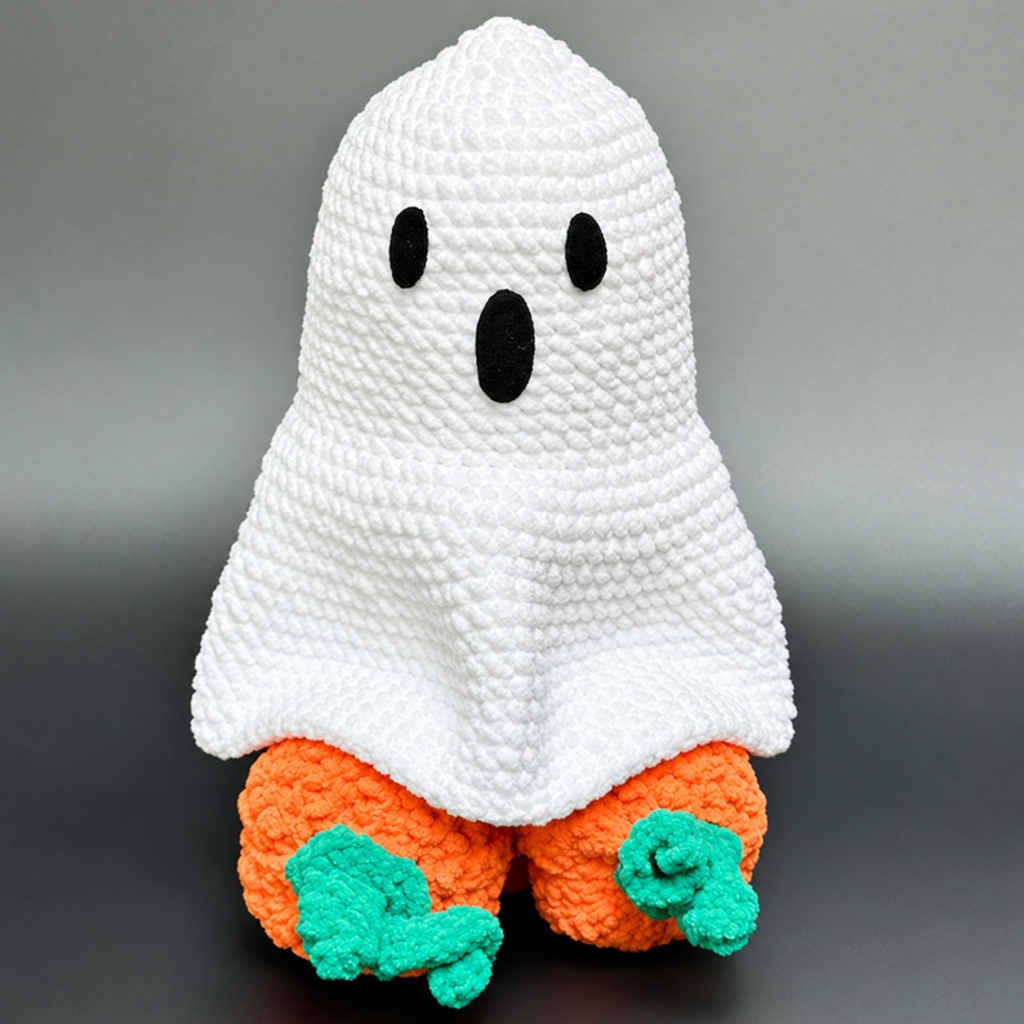 White crochet ghost cover over the orange pumpkin-accented novelty figure