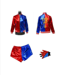 Red and blue embroidered jacket, shorts and gloves shown as three separate costume pieces