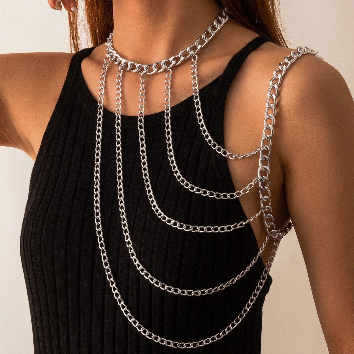Asymmetric Link-Chain Shoulder Harness — Silver-colored multilayer