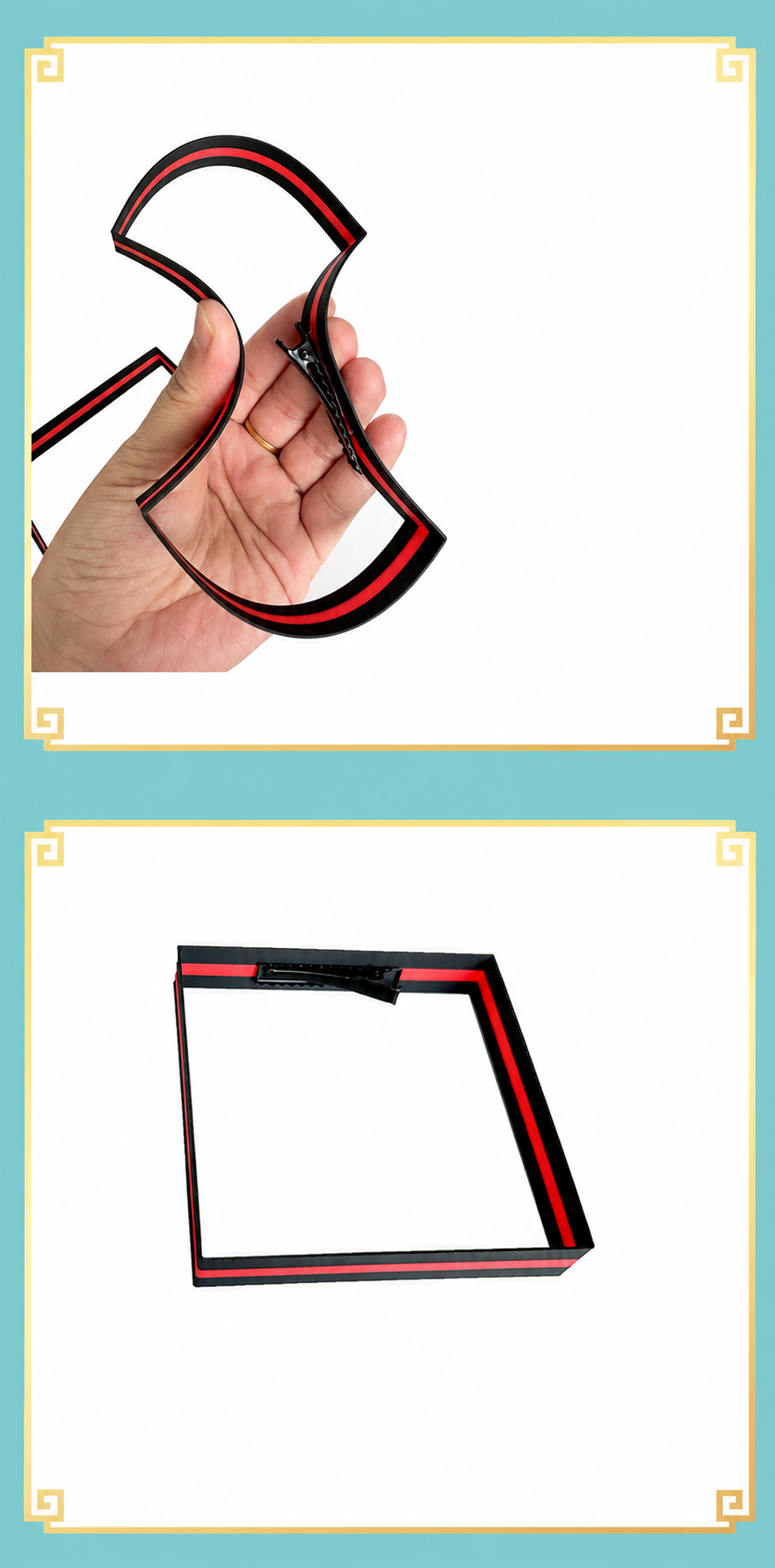 Decorative red and black Miku hair clip flex and attachment detail