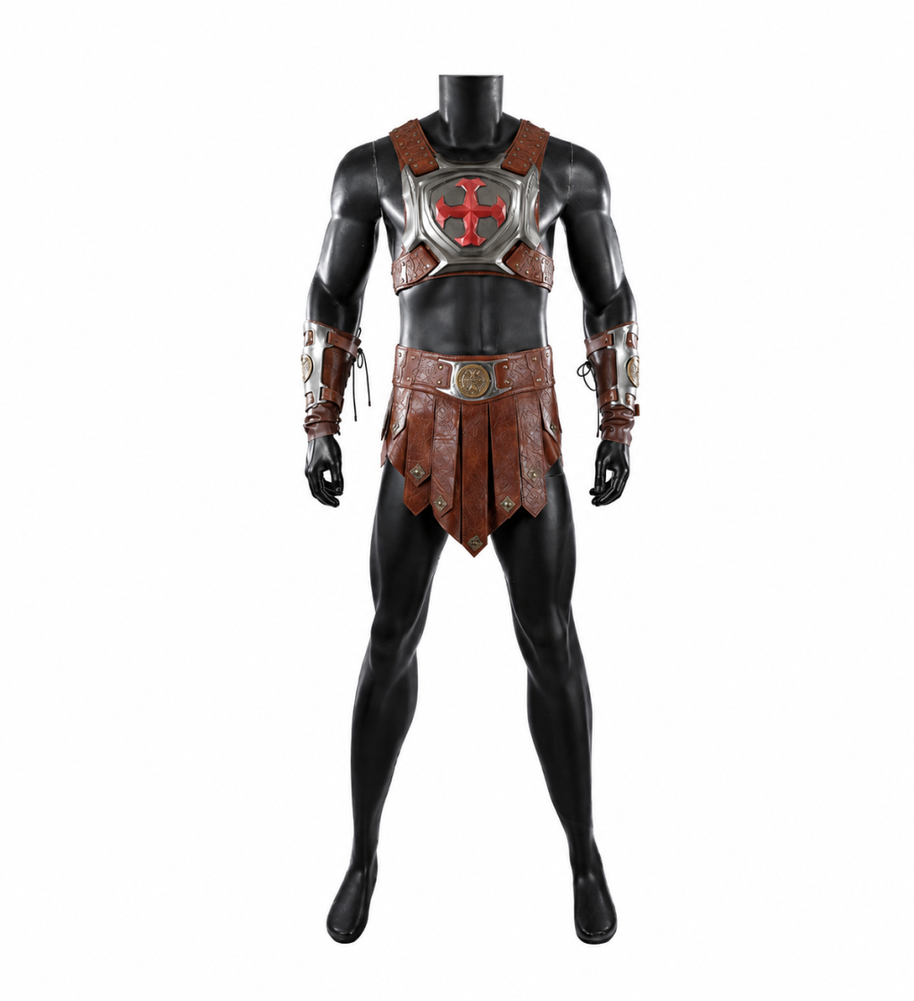 He-Man chest harness, waist panels and bracers on a display mannequin