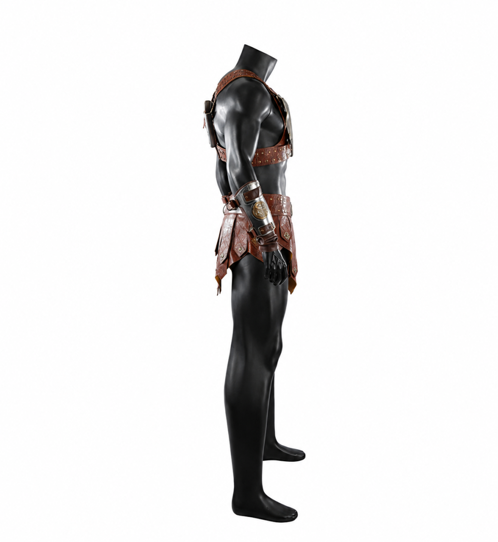 Side view of He-Man harness straps, wrist bracer and layered waist panels
