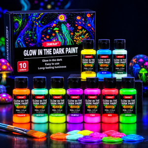 Ten 60 ml glow acrylic paint bottles with their box