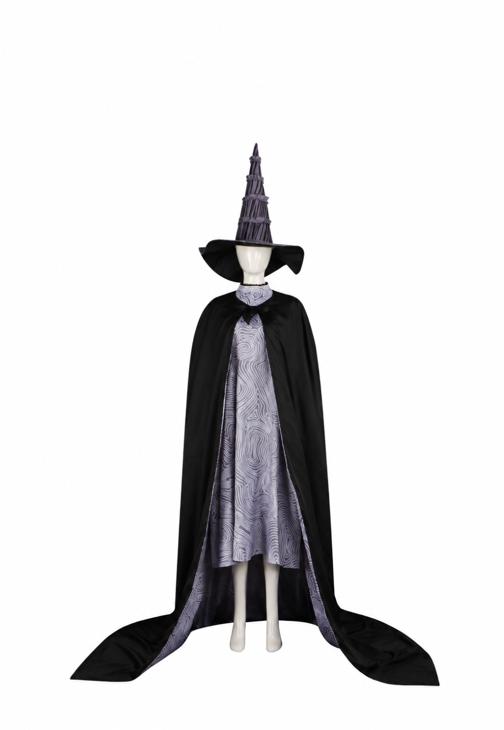Elphaba black cape, patterned inner dress and tall pointed hat