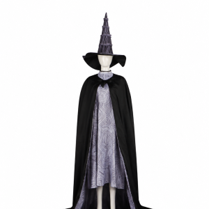 Elphaba black cape, patterned inner dress and tall pointed hat
