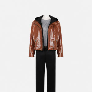 Grace Ashcroft brown jacket, black hoodie, grey tee and trousers