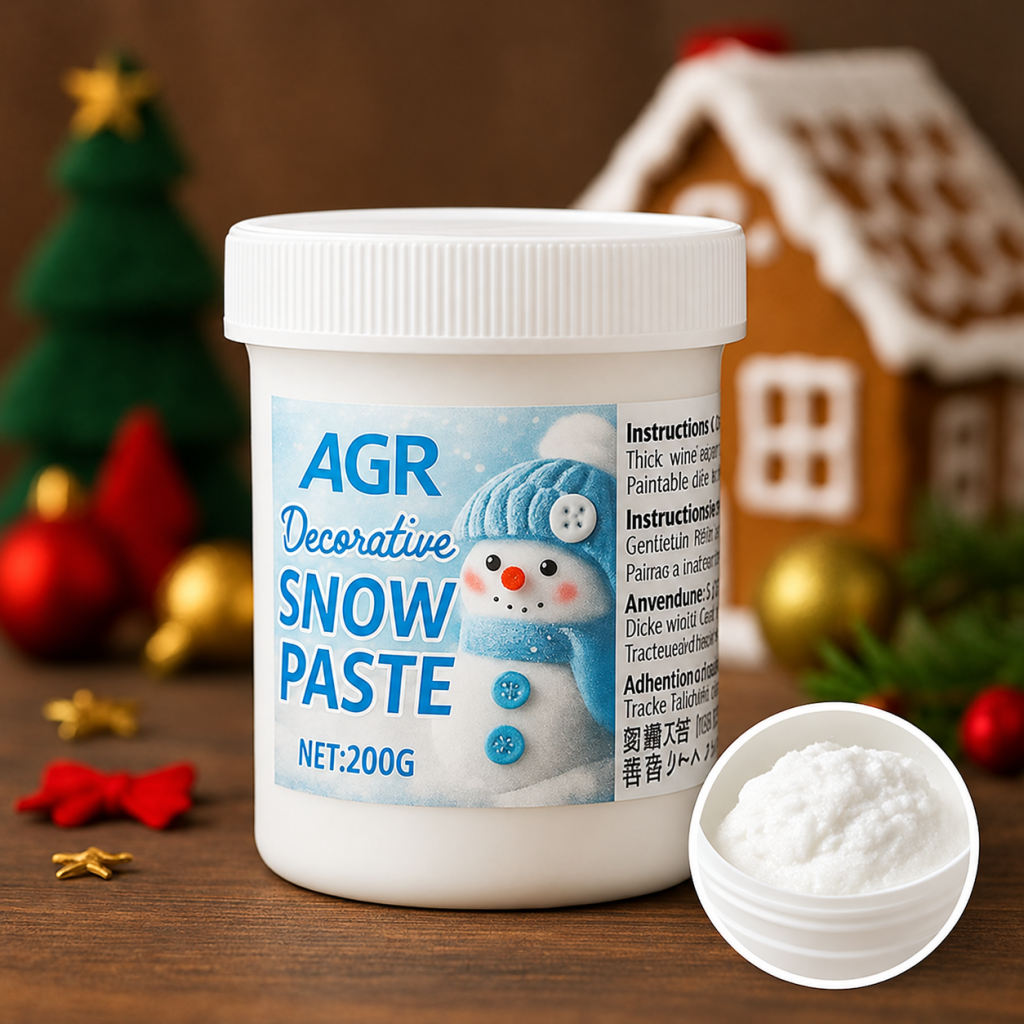One jar of decorative white snow paste beside a close-up of its raised texture