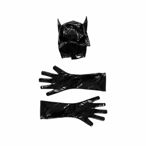 Pointed black cat hood with pair of long black gloves