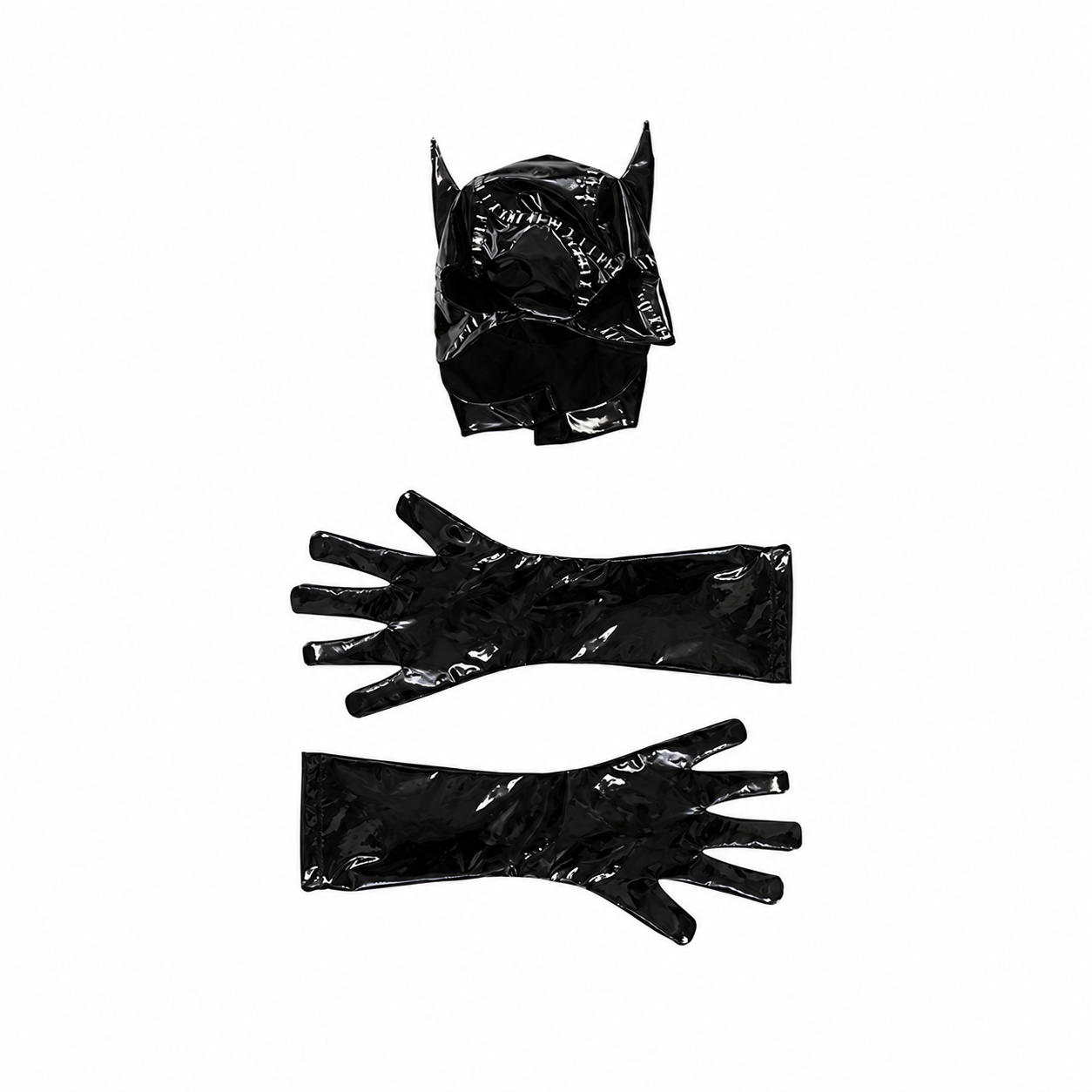 Pointed black cat hood with pair of long black gloves