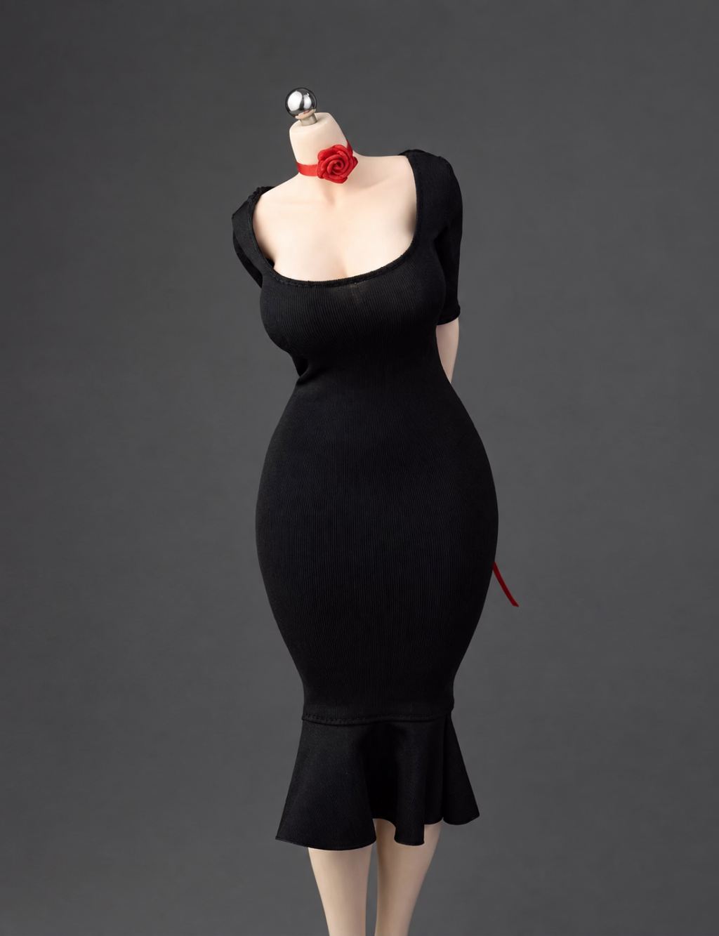 ICE TOYS IC1026 black fishtail miniature dress with red long neck ribbon on display figure; dress and ribbon only