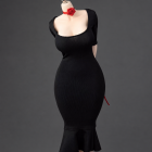 ICE TOYS IC1026 black fishtail miniature dress with red long neck ribbon on display figure; dress and ribbon only