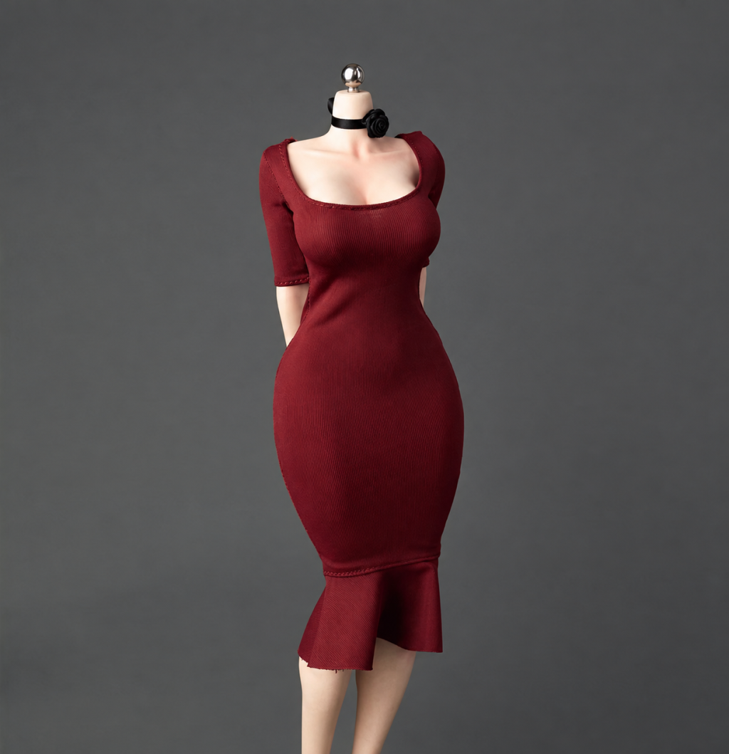ICE TOYS IC1026 dark red burgundy fishtail miniature dress with black long neck ribbon on display figure; not bright red, dress and ribbon only