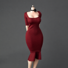 ICE TOYS IC1026 dark red burgundy fishtail miniature dress with black long neck ribbon on display figure; not bright red, dress and ribbon only