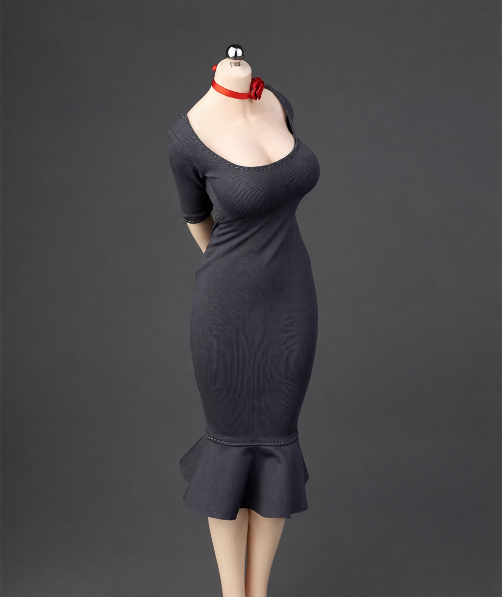ICE TOYS IC1026 dark charcoal-gray fishtail miniature dress with red long neck ribbon on display figure; dress and ribbon only